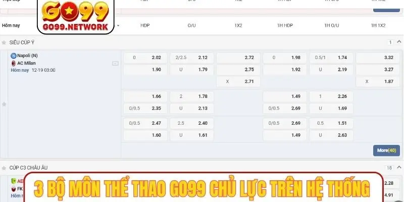 3 bộ môn thể thao GO99 chủ lực trên hệ thống